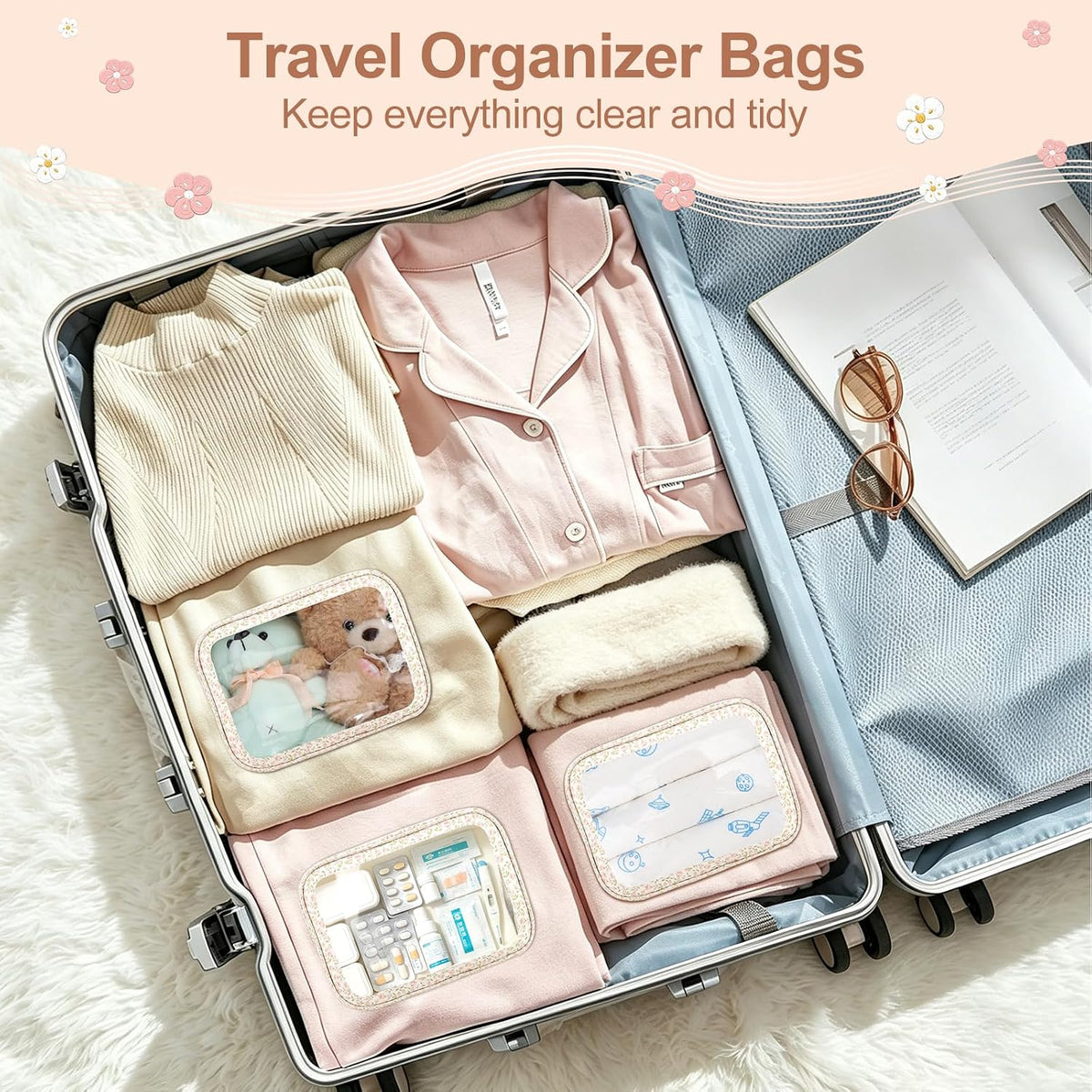Diaper Bag Organizer Pouch Set, TSA Approved Toiletry Bag, Clear Waterproof Makeup Bag Set, Purse Organizer Pouches,Travel Organizer Bags for Women and Kids
