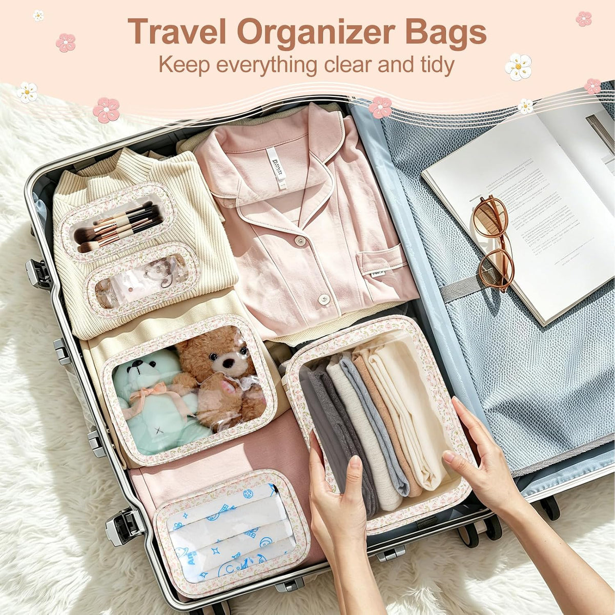 Diaper Bag Organizer Pouch Set, TSA Approved Toiletry Bag, Clear Waterproof Makeup Bag Set, Purse Organizer Pouches,Travel Organizer Bags for Women and Kids