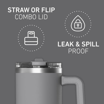 Voyager 25oz Insulated Tumbler with Handle & 2-in-1 Sip & Straw Lid, Everyday Stainless Steel, Travel, Cupholder Friendly Reusable Water Bottle for Work, Office, School & Commuting (Grey)
