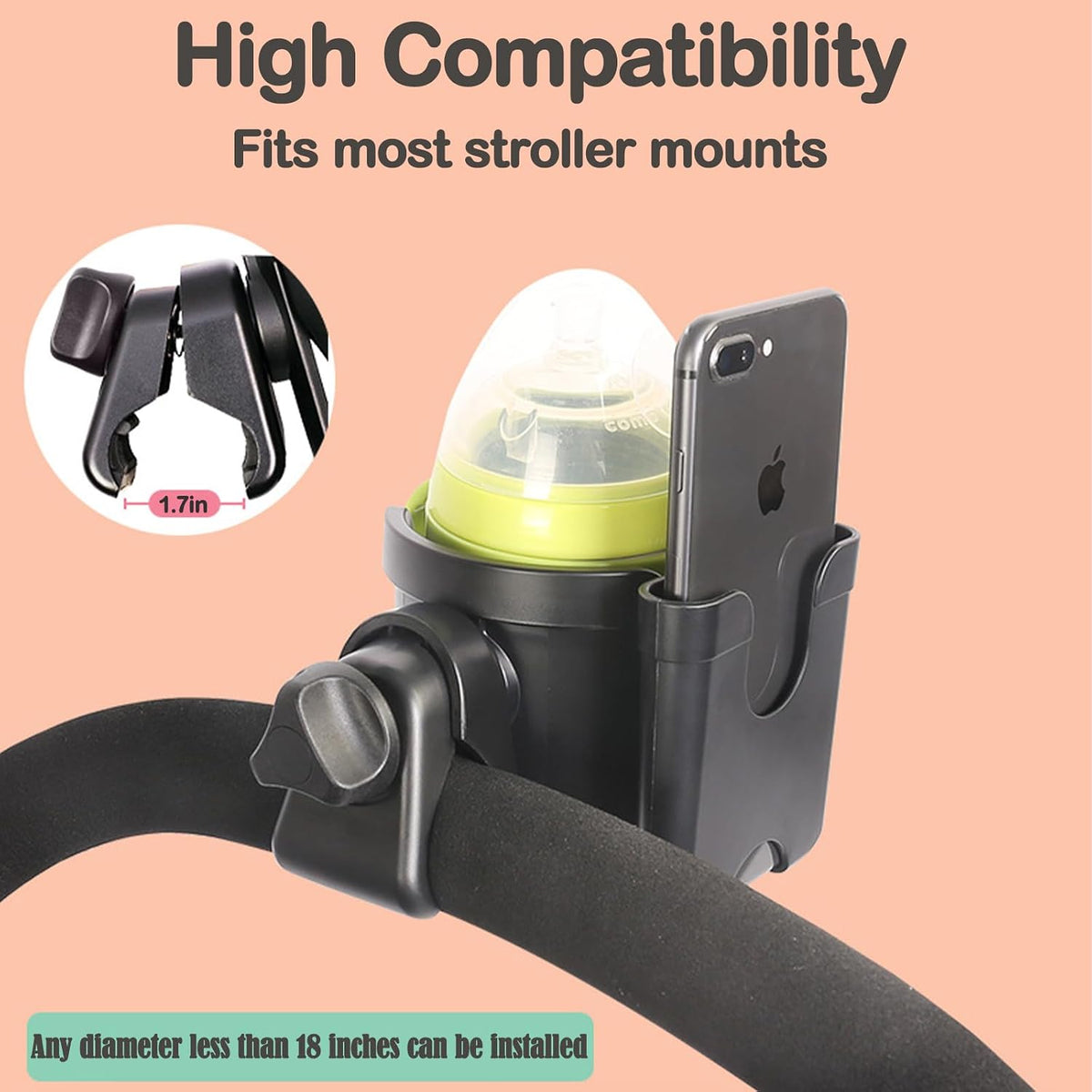 Stroller Cup Holder with Phone Holder, Baby's Feeding Bottle Holder,Bike Cup Holder, Upgraded Universal Cup Holder, 2-in-1 Cup Phone Holder for Stroller, Bike, Wheelchair, Walker, Scooter