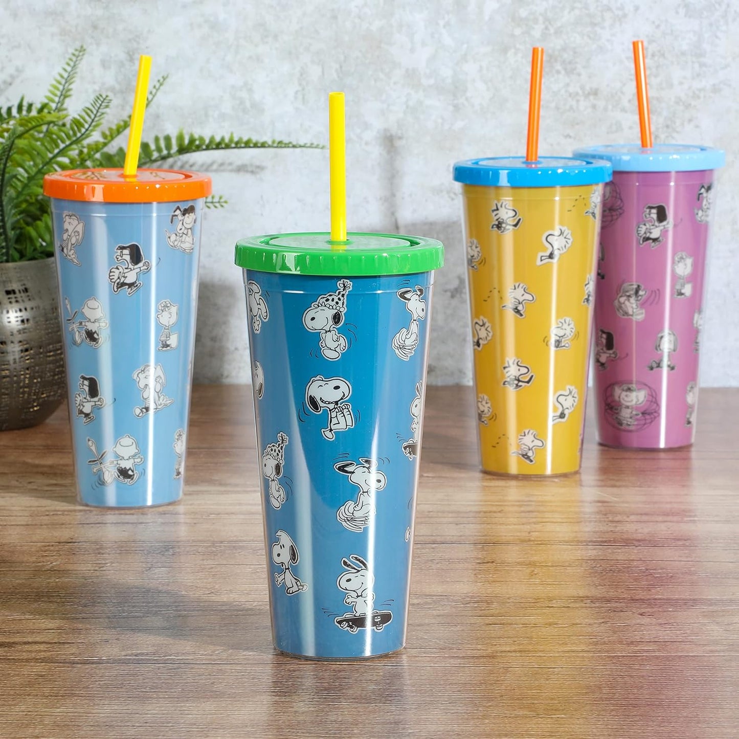 Snoopy 70th Anniversary 23.6 OZ Double Wall Tumbler Set W/Lids and Straws