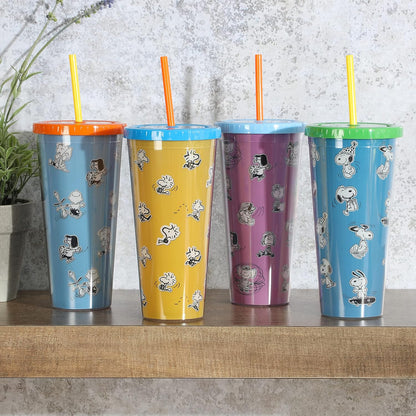 Snoopy 70th Anniversary 23.6 OZ Double Wall Tumbler Set W/Lids and Straws
