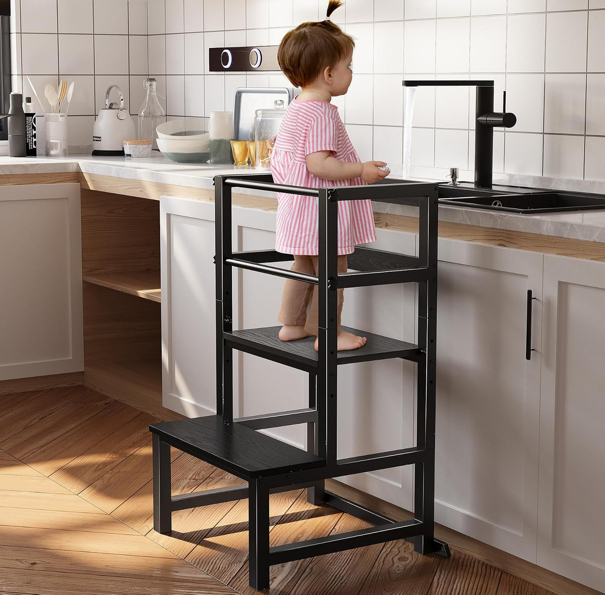 INNOD Kitchen Step Stool for Toddlers, Height Adjustable Toddler Tower with Safety Rail, Steel and Wood Toddler Kitchen Stool Helper Kids, Stool for Kids, Learning Tower, Kids' Desk Brown