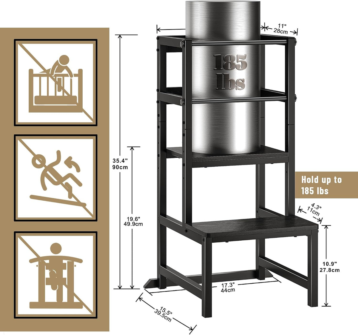 INNOD Kitchen Step Stool for Toddlers, Height Adjustable Toddler Tower with Safety Rail, Steel and Wood Toddler Kitchen Stool Helper Kids, Stool for Kids, Learning Tower, Kids' Desk Brown