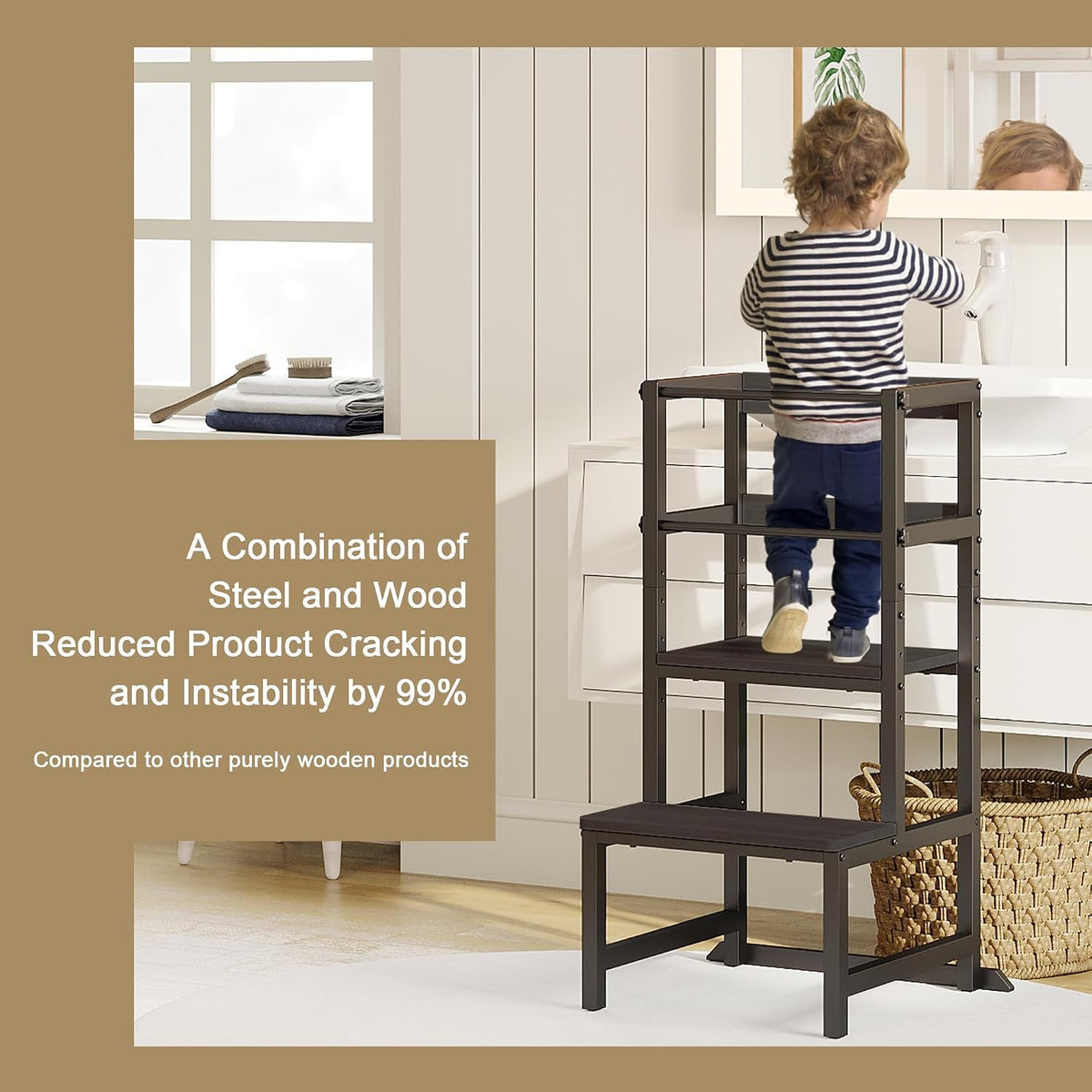 INNOD Kitchen Step Stool for Toddlers, Height Adjustable Toddler Tower with Safety Rail, Steel and Wood Toddler Kitchen Stool Helper Kids, Stool for Kids, Learning Tower, Kids' Desk Brown