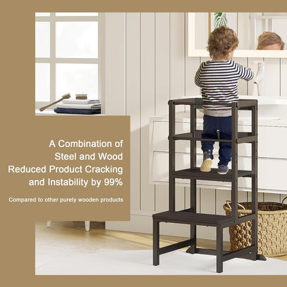 INNOD Kitchen Step Stool for Toddlers, Height Adjustable Toddler Tower with Safety Rail, Steel and Wood Toddler Kitchen Stool Helper Kids, Stool for Kids, Learning Tower, Kids' Desk Brown