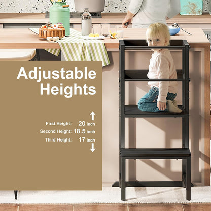 INNOD Kitchen Step Stool for Toddlers, Height Adjustable Toddler Tower with Safety Rail, Steel and Wood Toddler Kitchen Stool Helper Kids, Stool for Kids, Learning Tower, Kids' Desk Brown