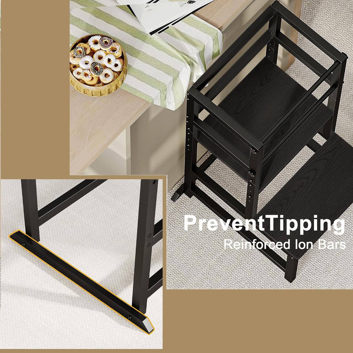 INNOD Kitchen Step Stool for Toddlers, Height Adjustable Toddler Tower with Safety Rail, Steel and Wood Toddler Kitchen Stool Helper Kids, Stool for Kids, Learning Tower, Kids' Desk Brown