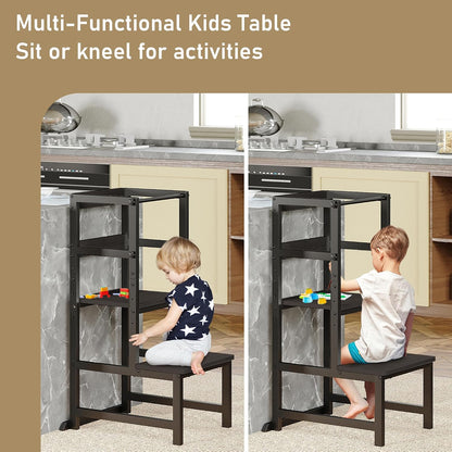 INNOD Kitchen Step Stool for Toddlers, Height Adjustable Toddler Tower with Safety Rail, Steel and Wood Toddler Kitchen Stool Helper Kids, Stool for Kids, Learning Tower, Kids' Desk Brown