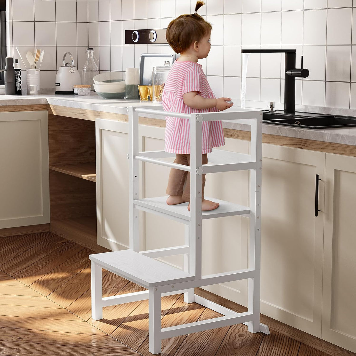 INNOD Kitchen Step Stool for Toddlers, Height Adjustable Toddler Tower with Safety Rail, Steel and Wood Toddler Kitchen Stool Helper Kids, Stool for Kids, Learning Tower, Kids' Desk Brown
