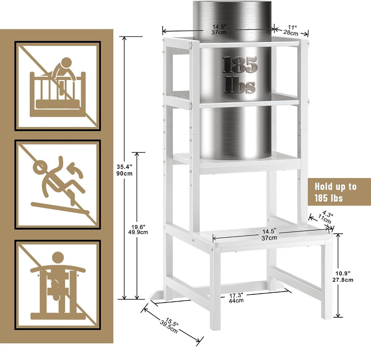 INNOD Kitchen Step Stool for Toddlers, Height Adjustable Toddler Tower with Safety Rail, Steel and Wood Toddler Kitchen Stool Helper Kids, Stool for Kids, Learning Tower, Kids' Desk Brown