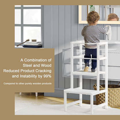 INNOD Kitchen Step Stool for Toddlers, Height Adjustable Toddler Tower with Safety Rail, Steel and Wood Toddler Kitchen Stool Helper Kids, Stool for Kids, Learning Tower, Kids' Desk Brown
