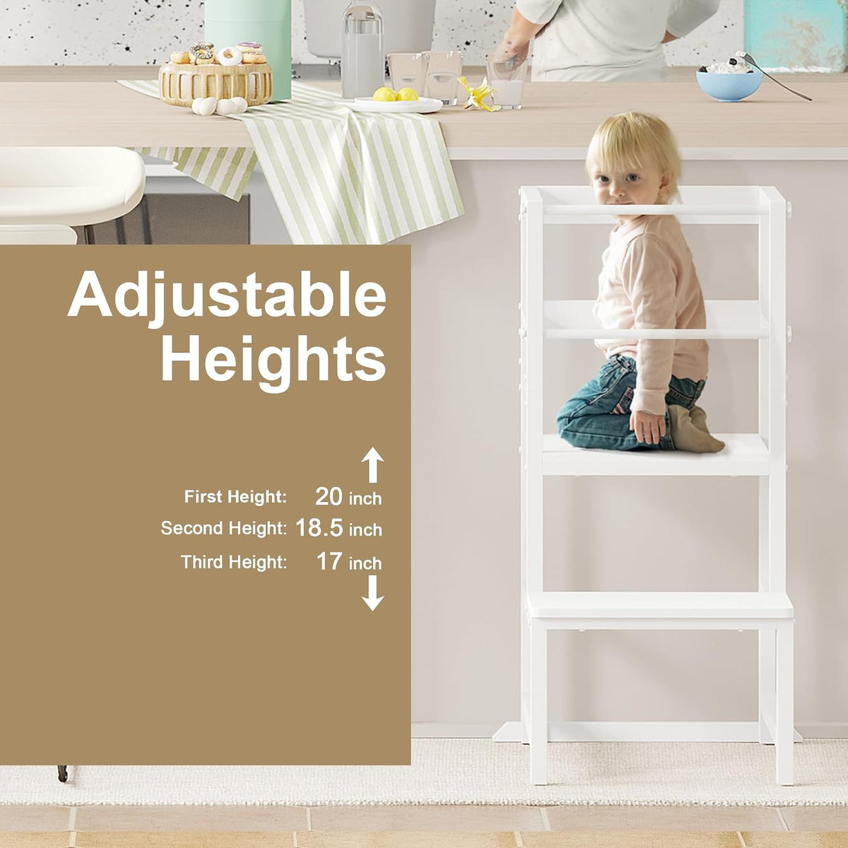 INNOD Kitchen Step Stool for Toddlers, Height Adjustable Toddler Tower with Safety Rail, Steel and Wood Toddler Kitchen Stool Helper Kids, Stool for Kids, Learning Tower, Kids' Desk Brown