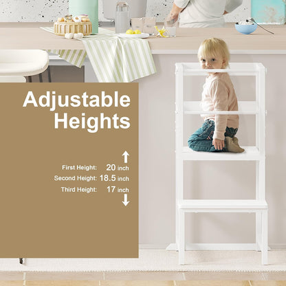INNOD Kitchen Step Stool for Toddlers, Height Adjustable Toddler Tower with Safety Rail, Steel and Wood Toddler Kitchen Stool Helper Kids, Stool for Kids, Learning Tower, Kids' Desk Brown