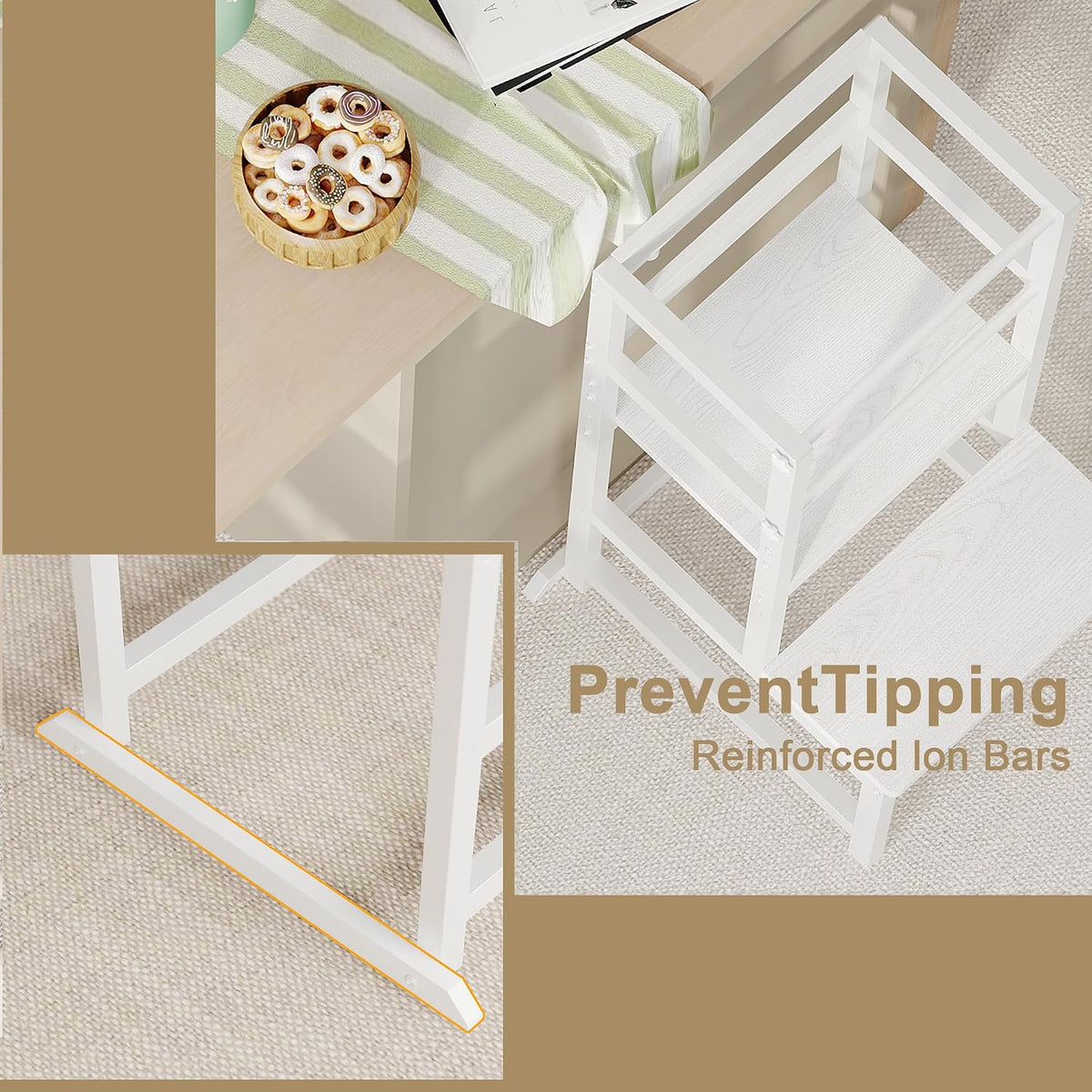 INNOD Kitchen Step Stool for Toddlers, Height Adjustable Toddler Tower with Safety Rail, Steel and Wood Toddler Kitchen Stool Helper Kids, Stool for Kids, Learning Tower, Kids' Desk Brown