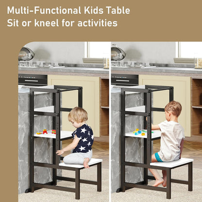 INNOD Kitchen Step Stool for Toddlers, Height Adjustable Toddler Tower with Safety Rail, Steel and Wood Toddler Kitchen Stool Helper Kids, Stool for Kids, Learning Tower, Kids' Desk Brown