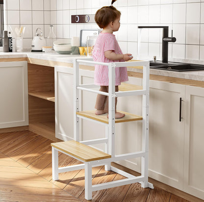 INNOD Kitchen Step Stool for Toddlers, Height Adjustable Toddler Tower with Safety Rail, Steel and Wood Toddler Kitchen Stool Helper Kids, Stool for Kids, Learning Tower, Kids' Desk Brown