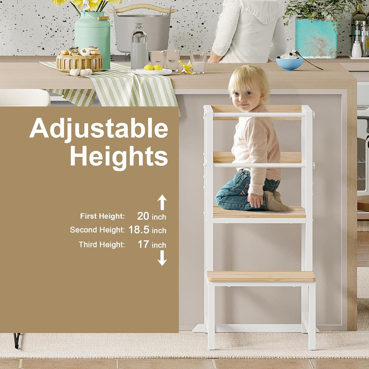 INNOD Kitchen Step Stool for Toddlers, Height Adjustable Toddler Tower with Safety Rail, Steel and Wood Toddler Kitchen Stool Helper Kids, Stool for Kids, Learning Tower, Kids' Desk Brown