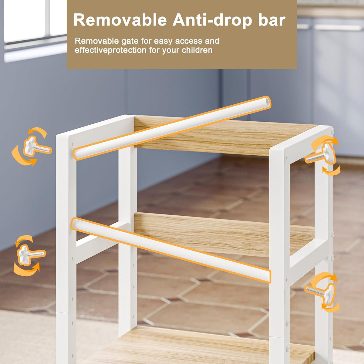 INNOD Kitchen Step Stool for Toddlers, Height Adjustable Toddler Tower with Safety Rail, Steel and Wood Toddler Kitchen Stool Helper Kids, Stool for Kids, Learning Tower, Kids' Desk Brown