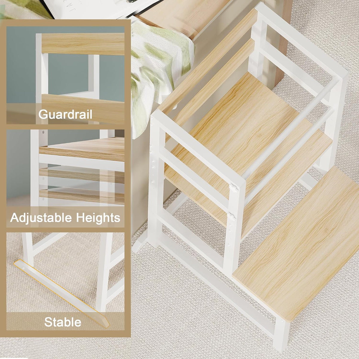 INNOD Kitchen Step Stool for Toddlers, Height Adjustable Toddler Tower with Safety Rail, Steel and Wood Toddler Kitchen Stool Helper Kids, Stool for Kids, Learning Tower, Kids' Desk Brown