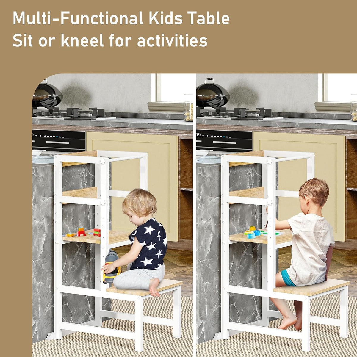 INNOD Kitchen Step Stool for Toddlers, Height Adjustable Toddler Tower with Safety Rail, Steel and Wood Toddler Kitchen Stool Helper Kids, Stool for Kids, Learning Tower, Kids' Desk Brown