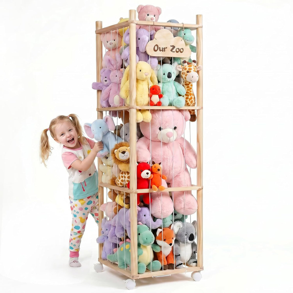 Mallify Stuffed Animal Storage Zoo, 54 Inch Wooden Stuffed Animal Holder Organizer with Brake Wheels, Large Capacity Stuffy Plushies Storage for Nursery Playroom Bedroom
