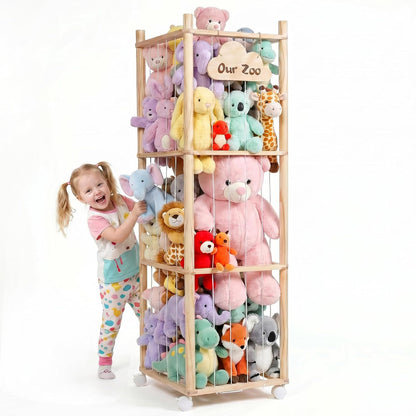 Mallify Stuffed Animal Storage Zoo, 54 Inch Wooden Stuffed Animal Holder Organizer with Brake Wheels, Large Capacity Stuffy Plushies Storage for Nursery Playroom Bedroom