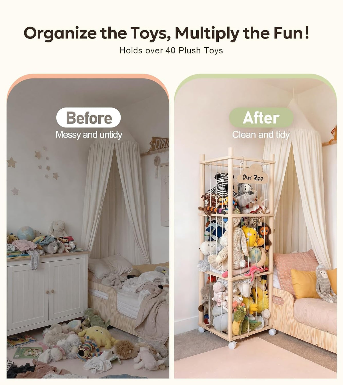 Mallify Stuffed Animal Storage Zoo, 54 Inch Wooden Stuffed Animal Holder Organizer with Brake Wheels, Large Capacity Stuffy Plushies Storage for Nursery Playroom Bedroom
