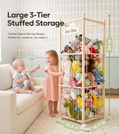 Mallify Stuffed Animal Storage Zoo, 54 Inch Wooden Stuffed Animal Holder Organizer with Brake Wheels, Large Capacity Stuffy Plushies Storage for Nursery Playroom Bedroom