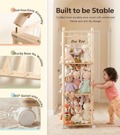 Mallify Stuffed Animal Storage Zoo, 54 Inch Wooden Stuffed Animal Holder Organizer with Brake Wheels, Large Capacity Stuffy Plushies Storage for Nursery Playroom Bedroom