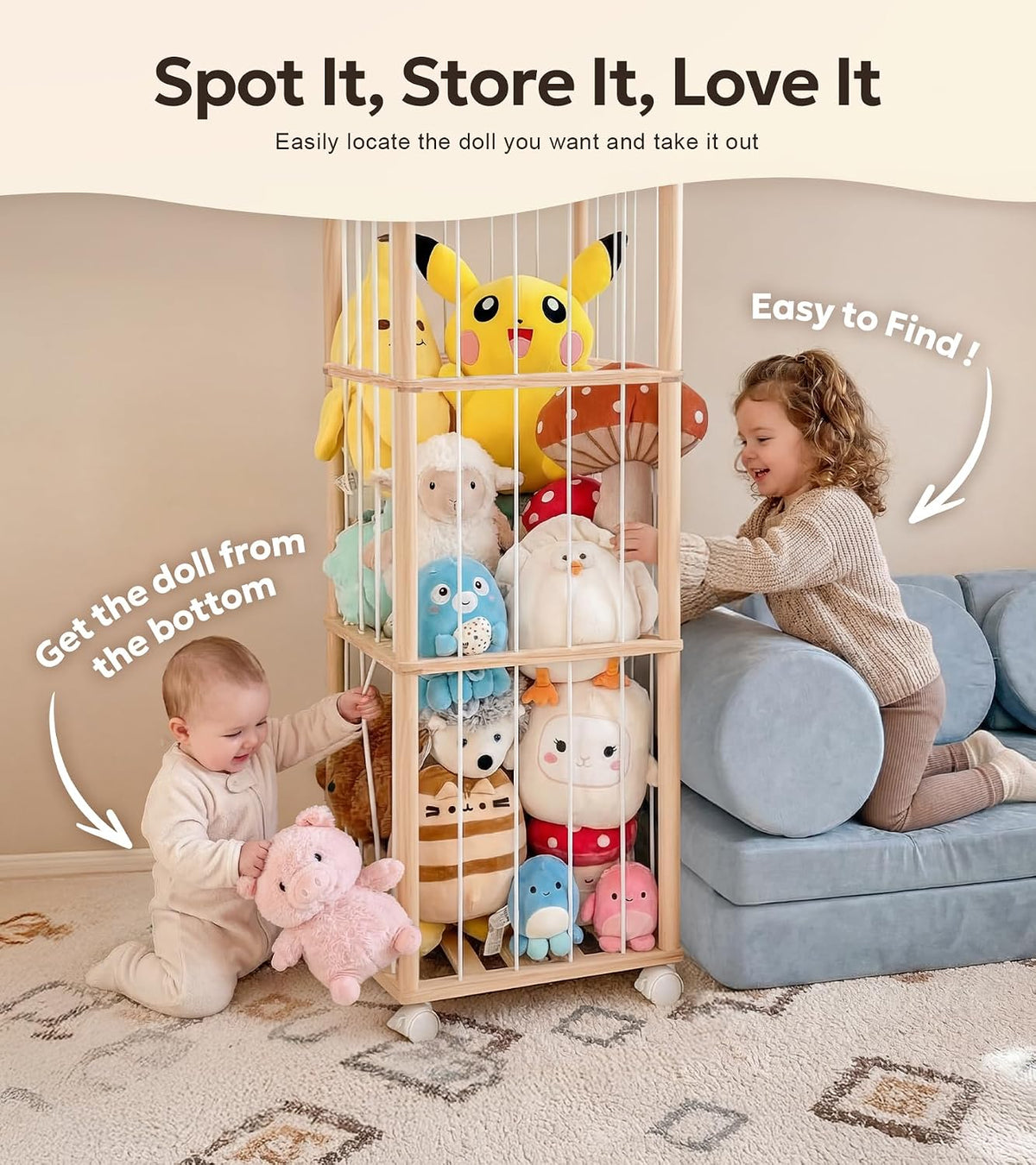 Mallify Stuffed Animal Storage Zoo, 54 Inch Wooden Stuffed Animal Holder Organizer with Brake Wheels, Large Capacity Stuffy Plushies Storage for Nursery Playroom Bedroom
