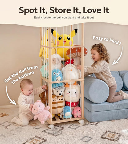 Mallify Stuffed Animal Storage Zoo, 54 Inch Wooden Stuffed Animal Holder Organizer with Brake Wheels, Large Capacity Stuffy Plushies Storage for Nursery Playroom Bedroom