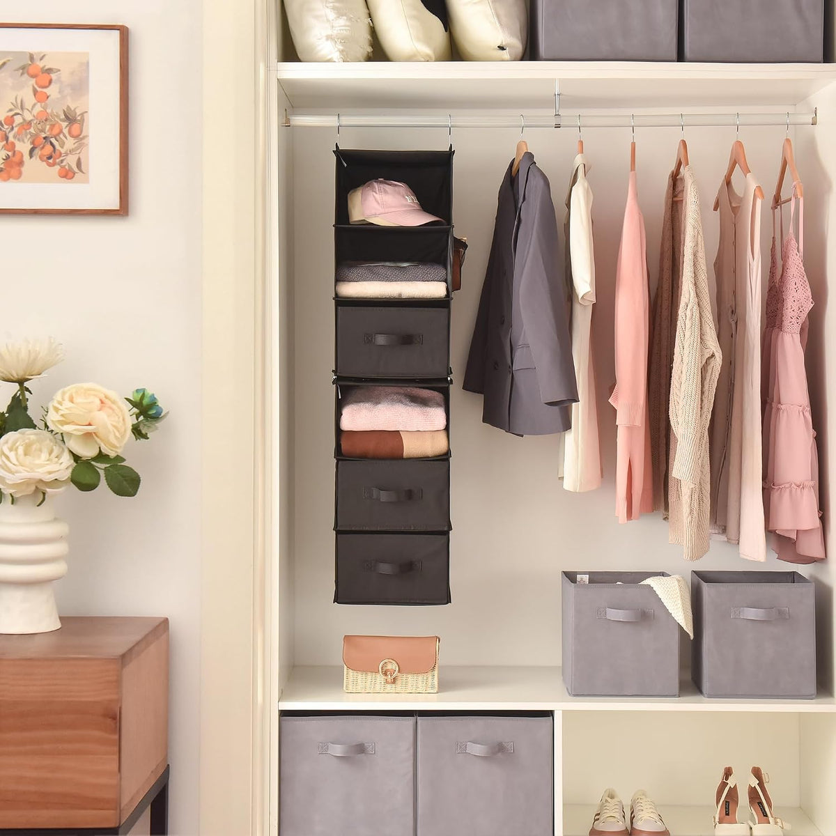 Hanging Closet Organizer, 5 Drawers, 6 Shelves, 6 Pockets, Gray