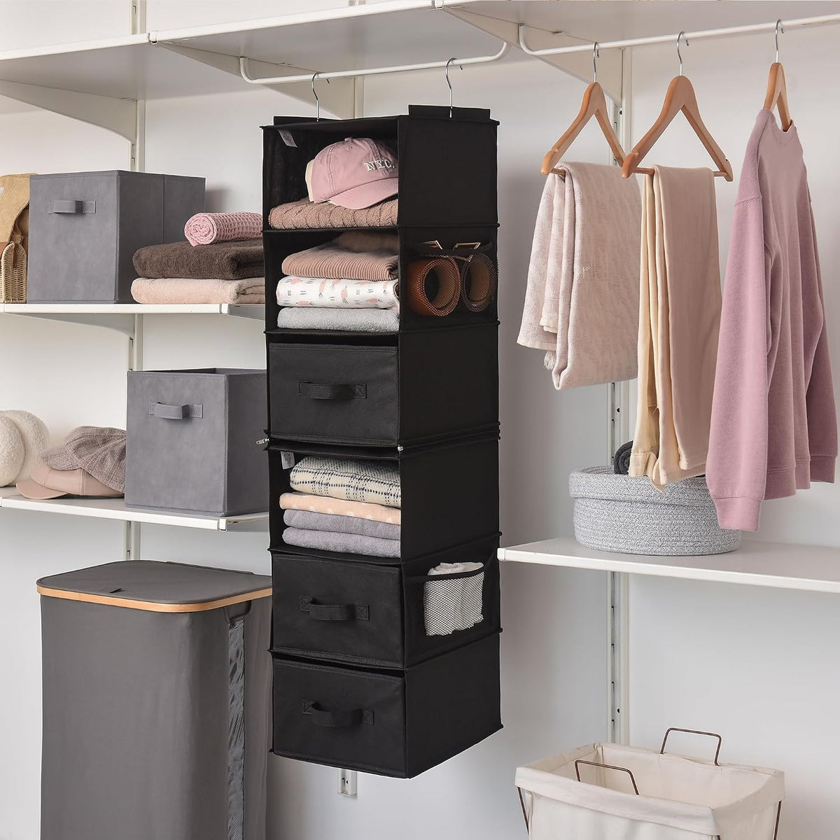 Hanging Closet Organizer, 5 Drawers, 6 Shelves, 6 Pockets, Gray