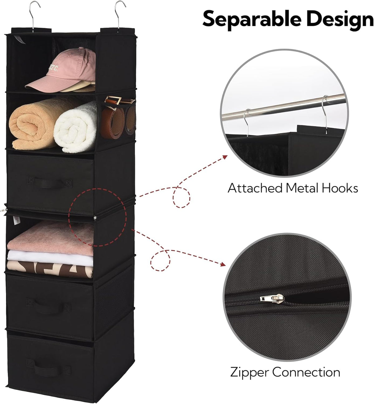 Hanging Closet Organizer, 5 Drawers, 6 Shelves, 6 Pockets, Gray