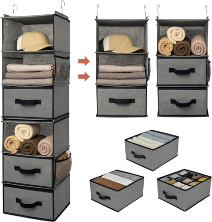 Hanging Closet Organizer, 5 Drawers, 6 Shelves, 6 Pockets, Gray