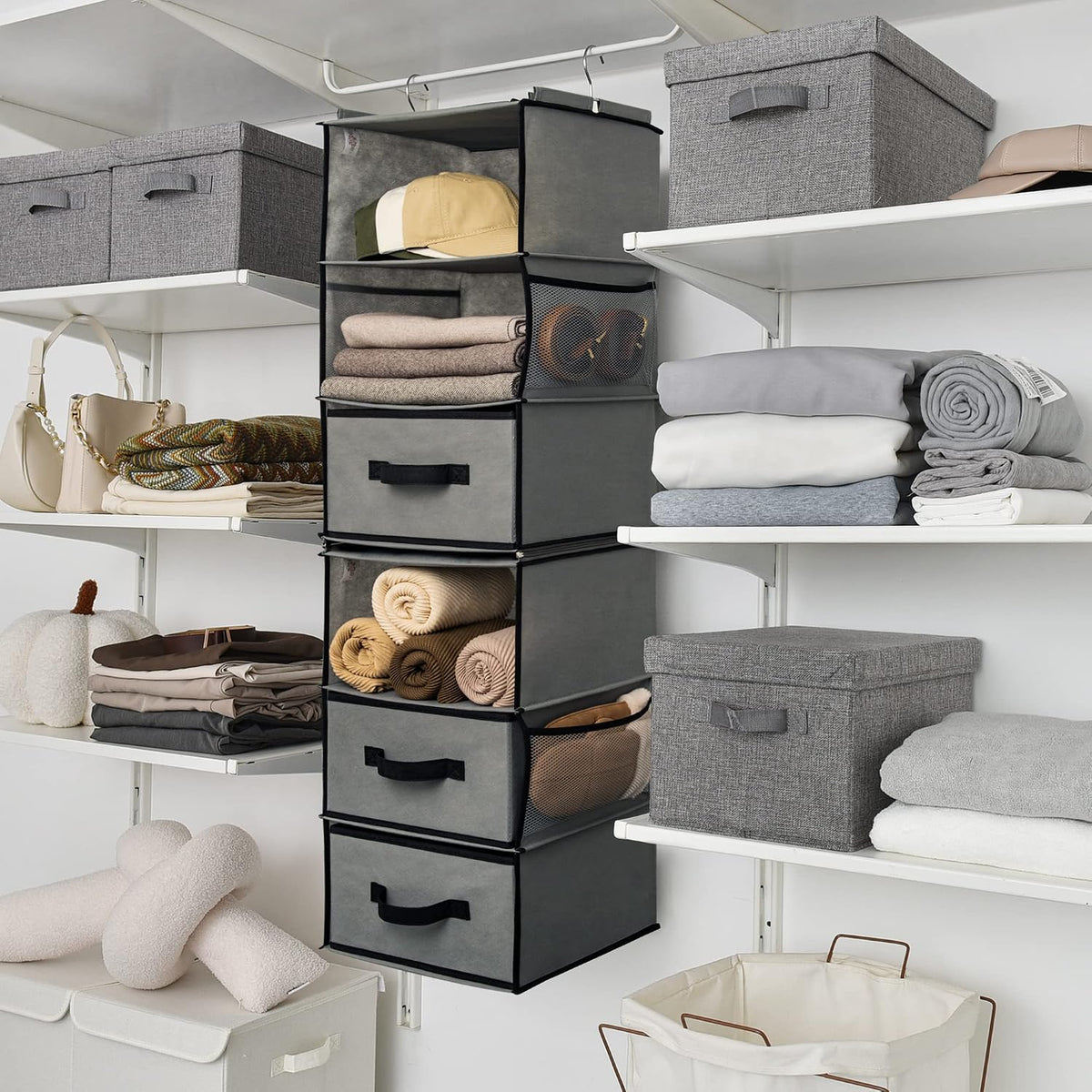 Hanging Closet Organizer, 5 Drawers, 6 Shelves, 6 Pockets, Gray