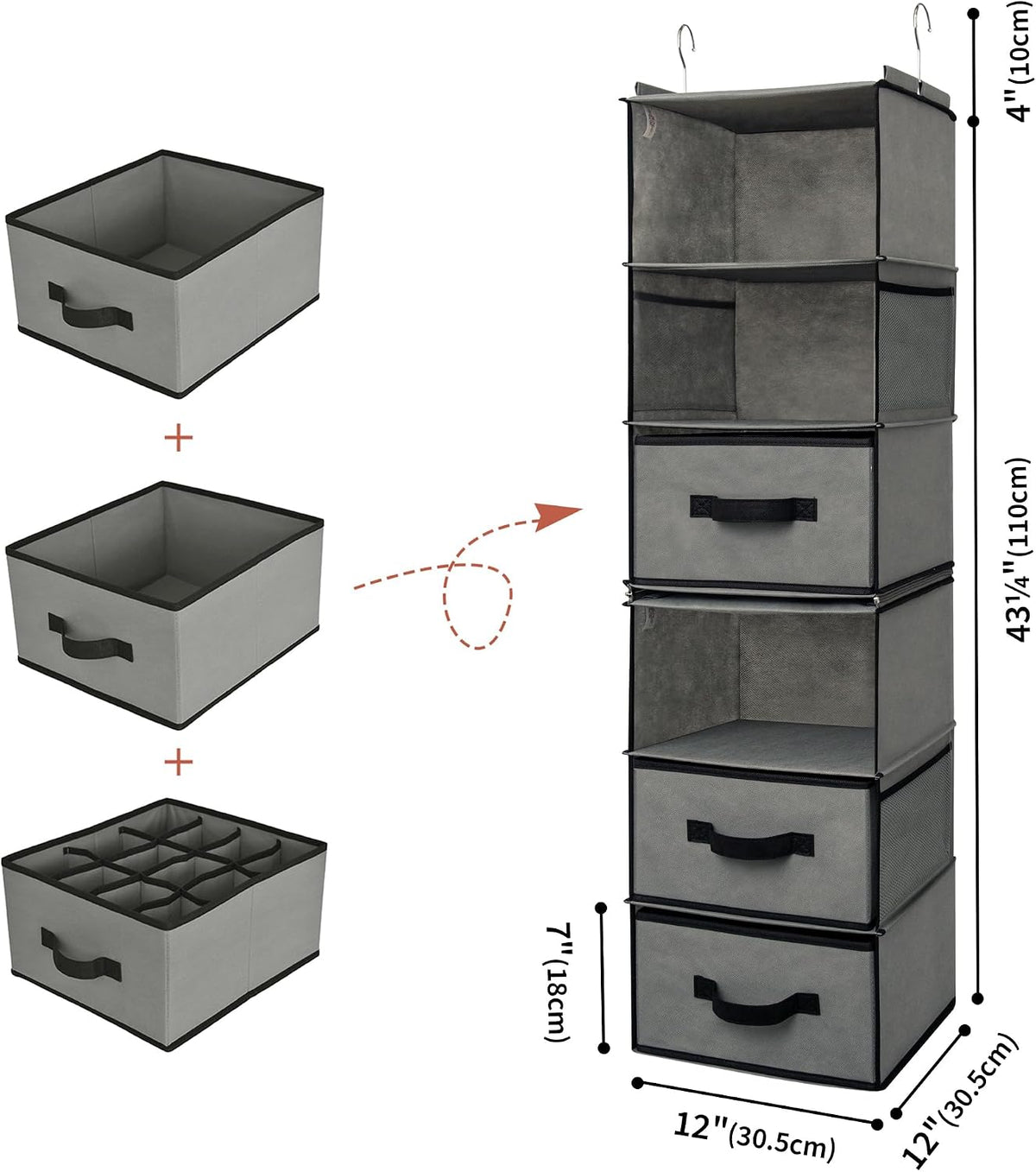 Hanging Closet Organizer, 5 Drawers, 6 Shelves, 6 Pockets, Gray