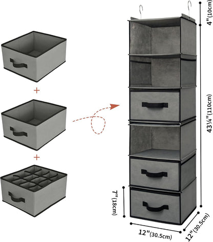 Hanging Closet Organizer, 5 Drawers, 6 Shelves, 6 Pockets, Gray