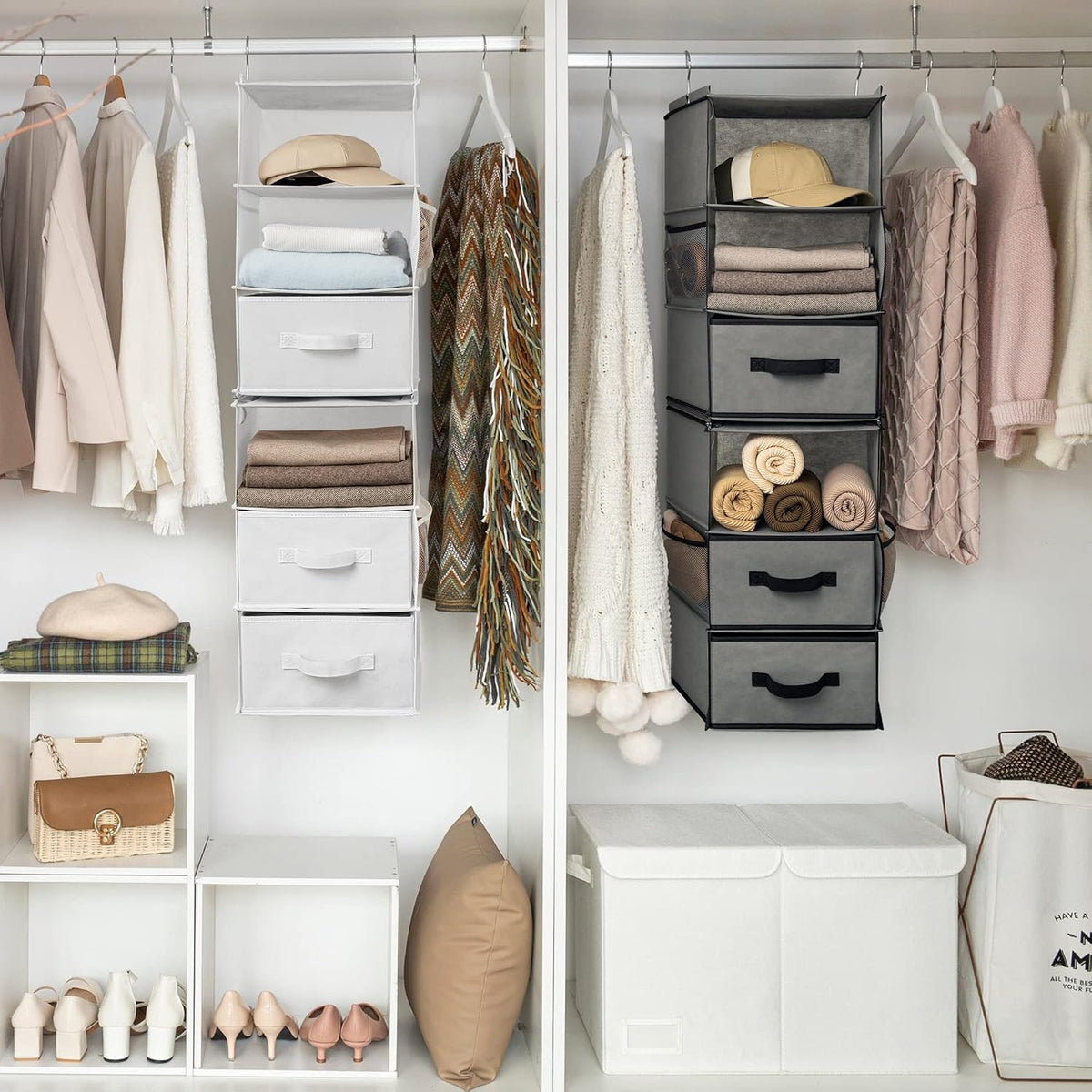 Hanging Closet Organizer, 5 Drawers, 6 Shelves, 6 Pockets, Gray