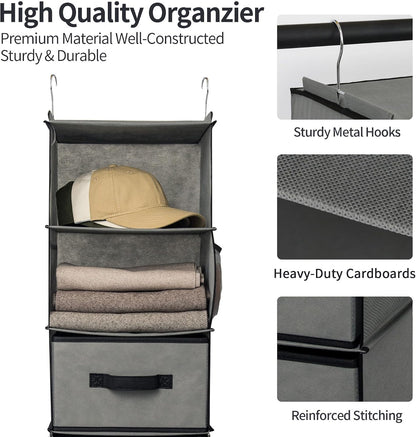 Hanging Closet Organizer, 5 Drawers, 6 Shelves, 6 Pockets, Gray