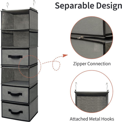 Hanging Closet Organizer, 5 Drawers, 6 Shelves, 6 Pockets, Gray