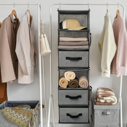 Hanging Closet Organizer, 5 Drawers, 6 Shelves, 6 Pockets, Gray
