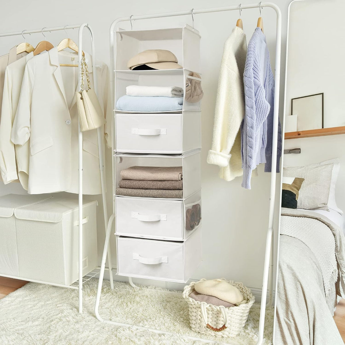 Hanging Closet Organizer, 5 Drawers, 6 Shelves, 6 Pockets, Gray