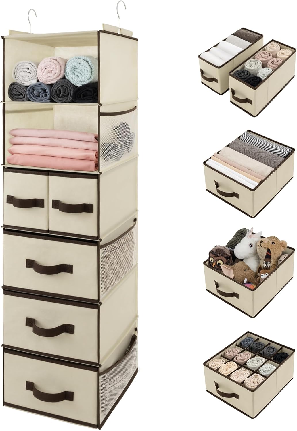 Hanging Closet Organizer, 5 Drawers, 6 Shelves, 6 Pockets, Gray