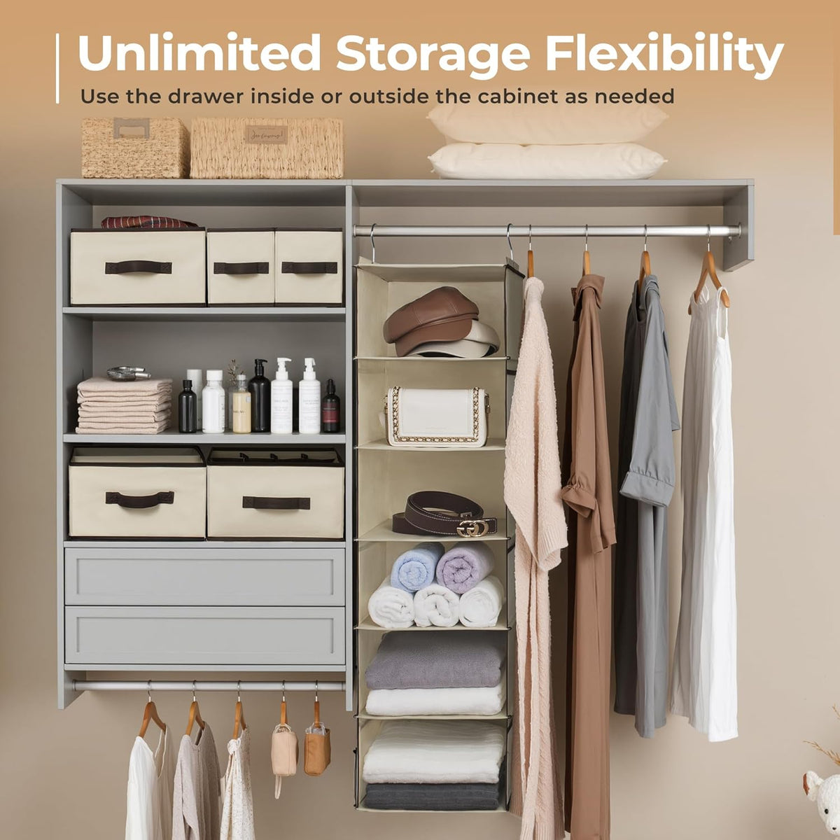 Hanging Closet Organizer, 5 Drawers, 6 Shelves, 6 Pockets, Gray