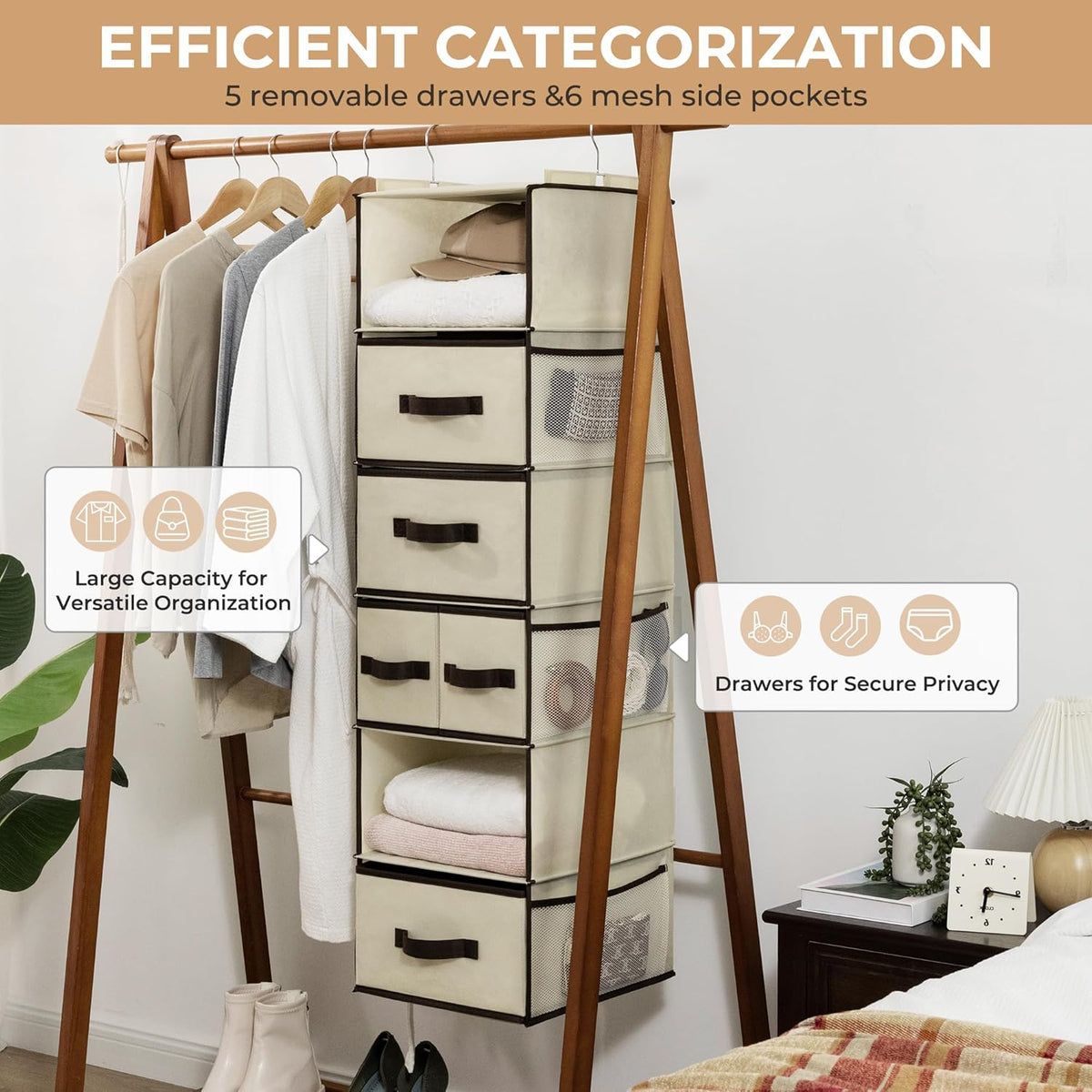 Hanging Closet Organizer, 5 Drawers, 6 Shelves, 6 Pockets, Gray
