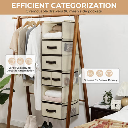 Hanging Closet Organizer, 5 Drawers, 6 Shelves, 6 Pockets, Gray