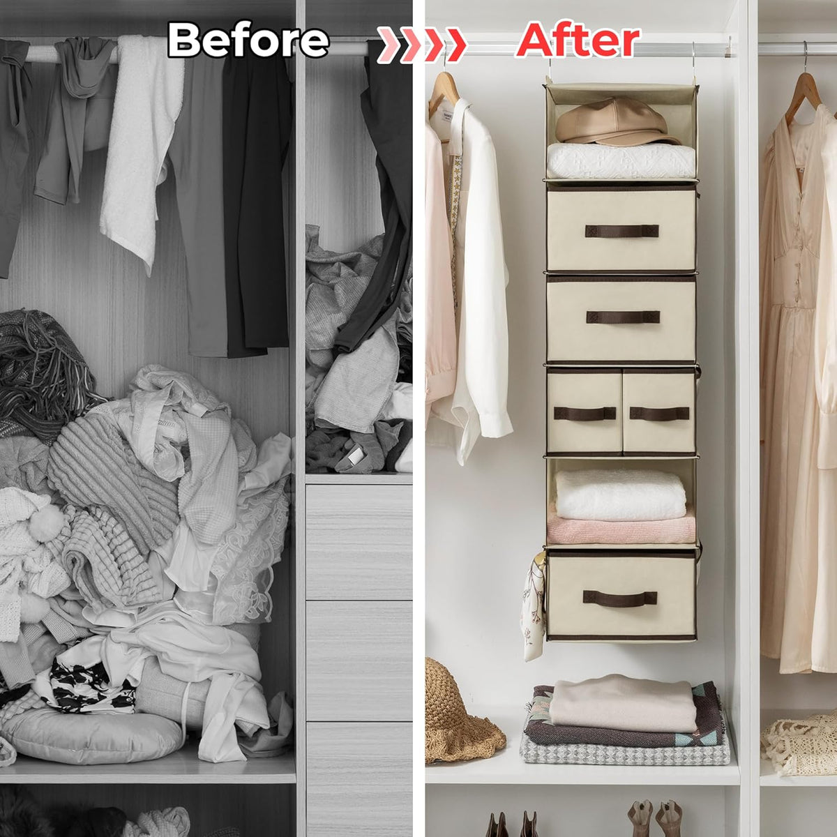 Hanging Closet Organizer, 5 Drawers, 6 Shelves, 6 Pockets, Gray