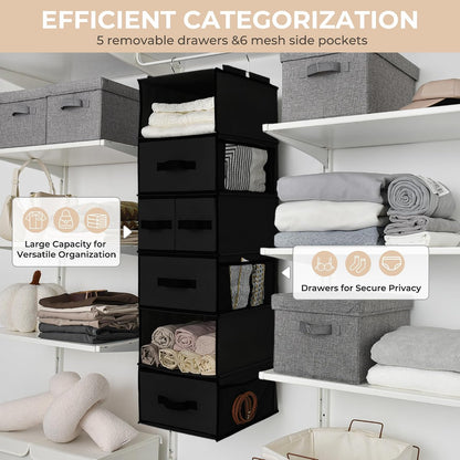 Hanging Closet Organizer, 5 Drawers, 6 Shelves, 6 Pockets, Gray